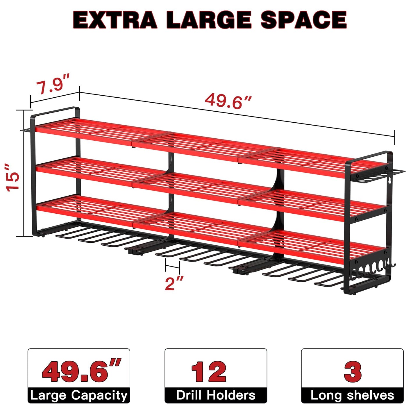 NattyDot 48" Large Power Tools Organizer Wall Mount,12 Drill Holder for Garage, Workshop Heavy Duty Storage Rack (Red)