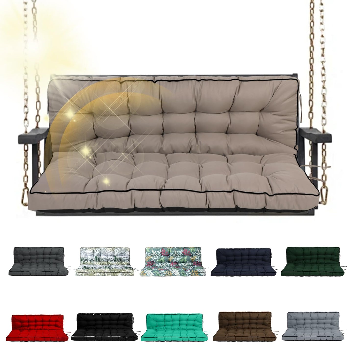 VKETU Porch Swing Cushion Three Seat, Waterproof Swing Cushions Replacement with Backrest, Outdoor Garden Furniture Patio 4" Thickened Cushions with Ties (Khaki, 40 x 55in)