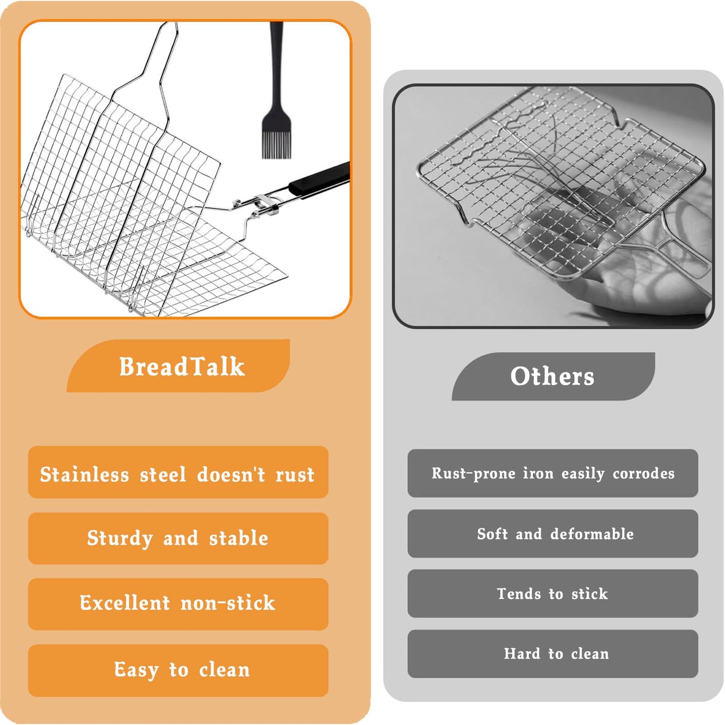 BBQ Fish Grill Basket with Basting Brush – 20.5"x13.5" Lockable Nonstick Grilling Basket with Beech Wood Handle, Chrome-Plated Carbon Steel Mesh for Fish, Meat, Vegetables
