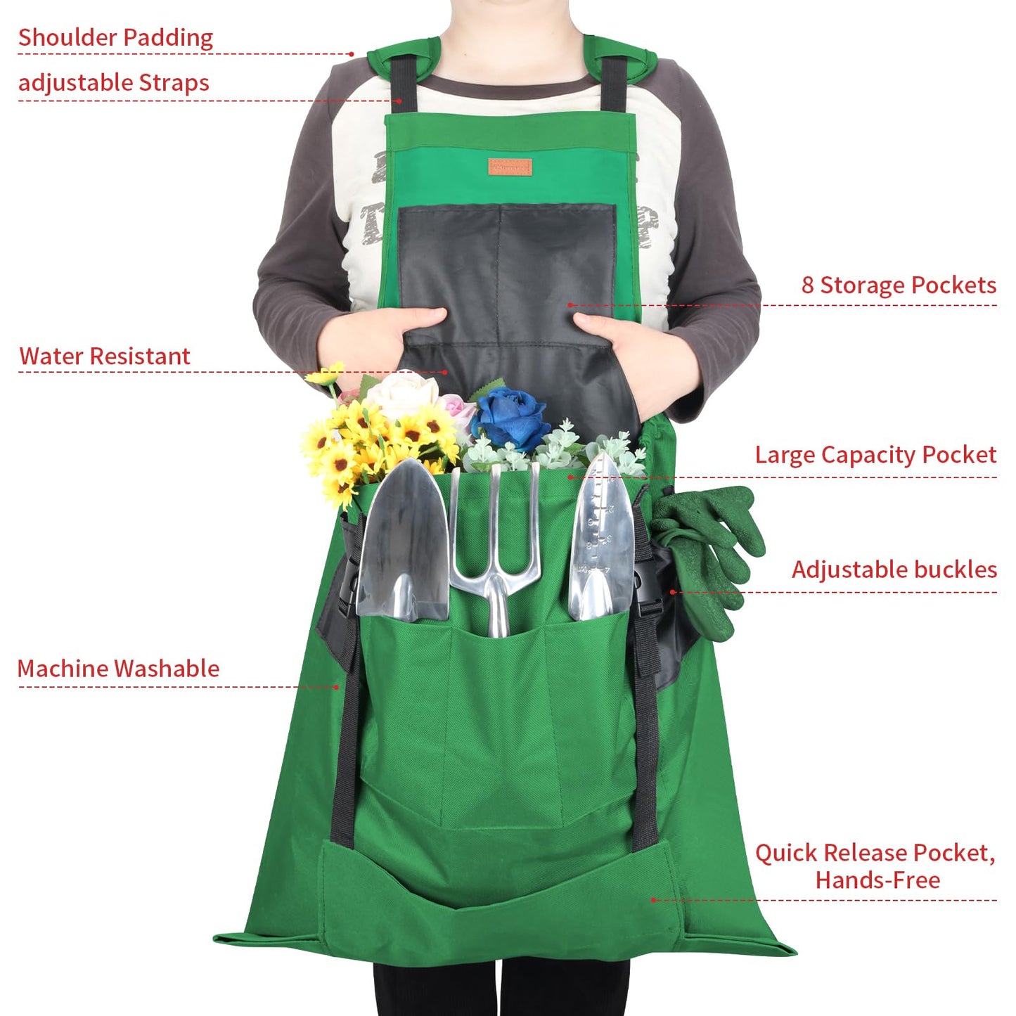 iHansee Green Gardening Apron with Pockets, Garden Apron with Protective Gloves for Women&Men, Harvest & Foraging Aprons w/Quick Release Pocket for Gardeners, One Size Fits Most, Gardening Gifts