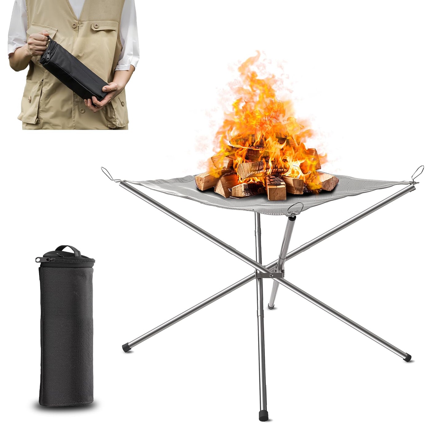 Upgraded 22 Inch Portable Fire Pit for Camping, Collapsible Fire Pits for Outside Wood Burning, Smokeless Firepit, Lightweight Stainless Steel Firepit for Campfire, Camping, Barbecue, Patio- 1.76 lbs