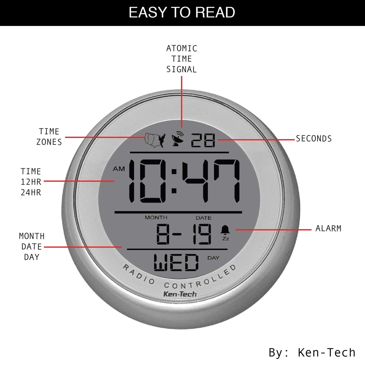 Ken-TECH T-4660 Water Resistant Suction Cup Atomic Clock, Silver