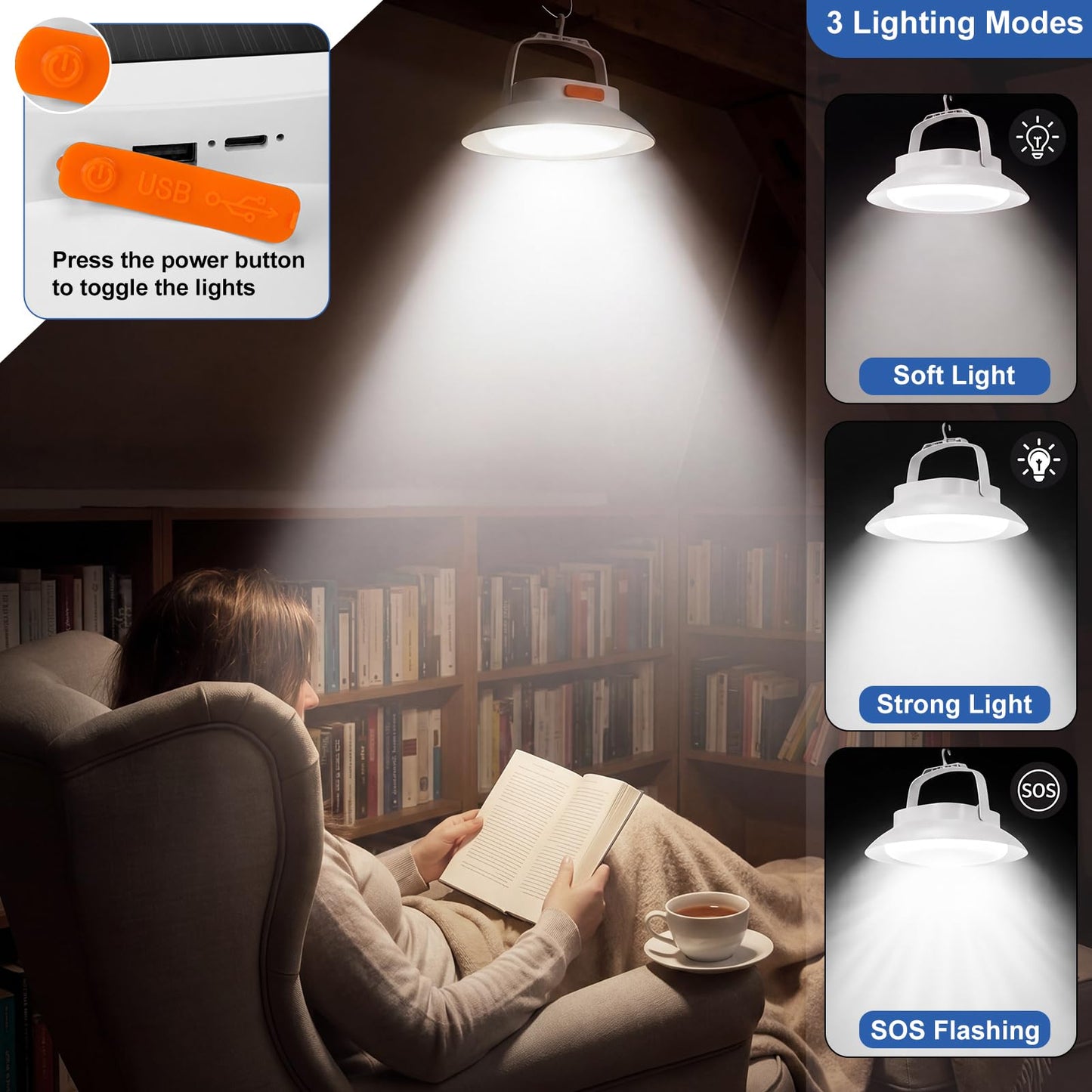 Grinsvalley 2Pcs 1700LM USB Rechargeable Hanging Tent Lighting with Magnetic Hanging Waterproof Solar Portable LED Camping Lantern 3 Lighting Modes for Canopy Hurricane Emergency Power Outages (White)