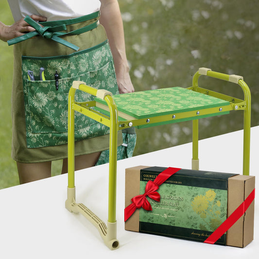 Colwelt Garden Stool and Kneeler Set, Garden Seat and Kneeler Heavy Duty with 10" Wide Soft Kneeling Pad, Non-Slip Garden Bench for Kneeling and Sitting with Elegant Apron, Gardening Gifts for Women