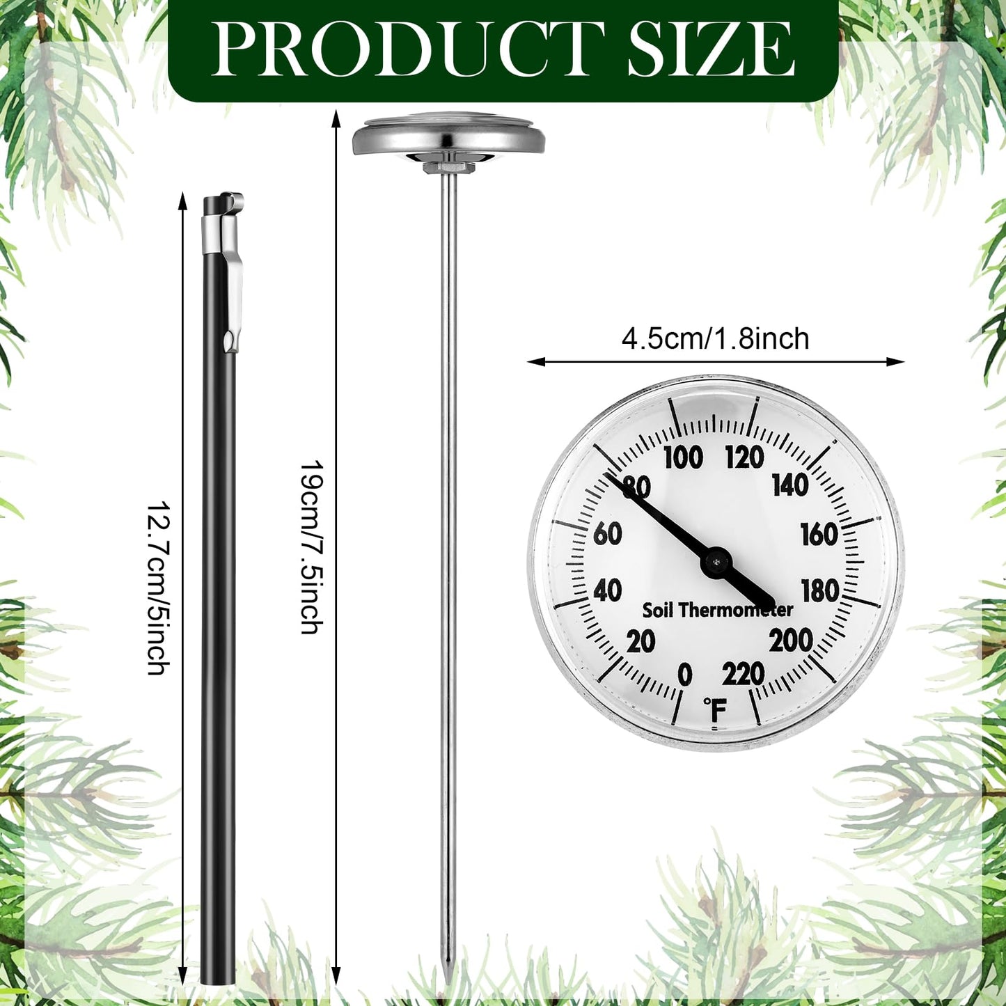 Copkim 2 Pieces Stainless Steel Soil Thermometer 7.5 Inch Stem 0-220 Degrees Fahrenheit Range Soil Temperature Thermometer for Ground, Compost, Garden
