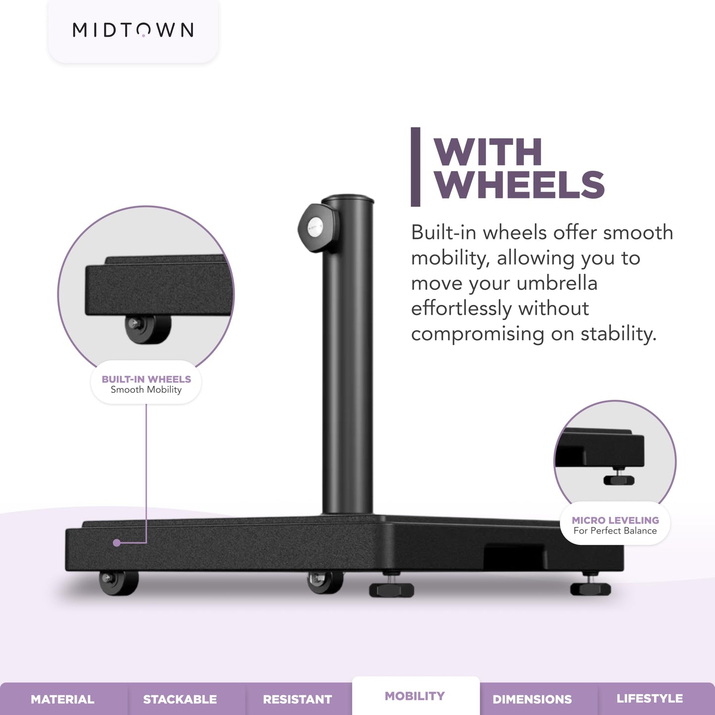 Midtown Umbrellas - The Core Base - Patio Umbrella Base with Wheels. Aluminum Base Pole for Umbrella Poles of 1.5-2 Inches Diameter. Weather and Rust Resistant Umbrella Base (45, Pounds)