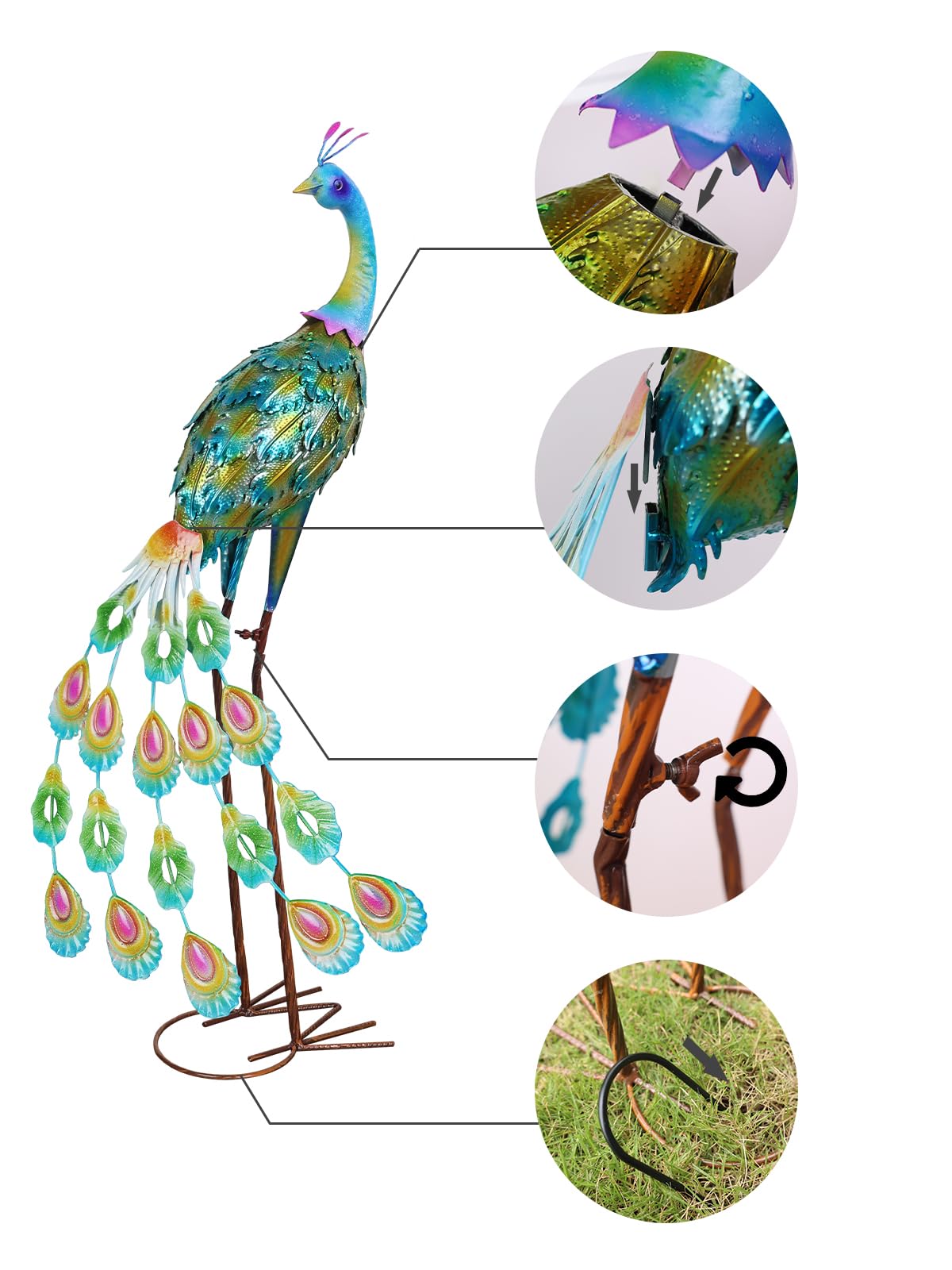 YEAHOME Garden Decor Outdoor Statues, 34" Large Metal Peacock Standing Yard Art, Blue Green Bird Lawn Sculptures Garden Decor for Outside Patio Porch Backyard