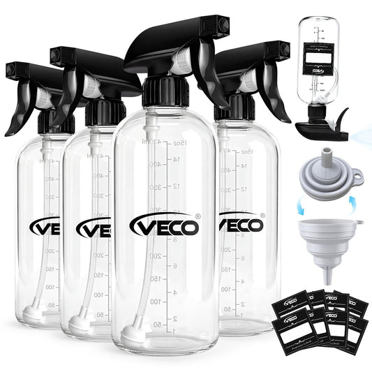 Veco 500mL (17oz) Graduated Spray Bottles, 4-Pack — 360° Any-Angle Spraying for Easy Dilution, Leak-Resistant spray bottles for Cleaning, Plants, Hair & Pet Use + Foldable Funnel