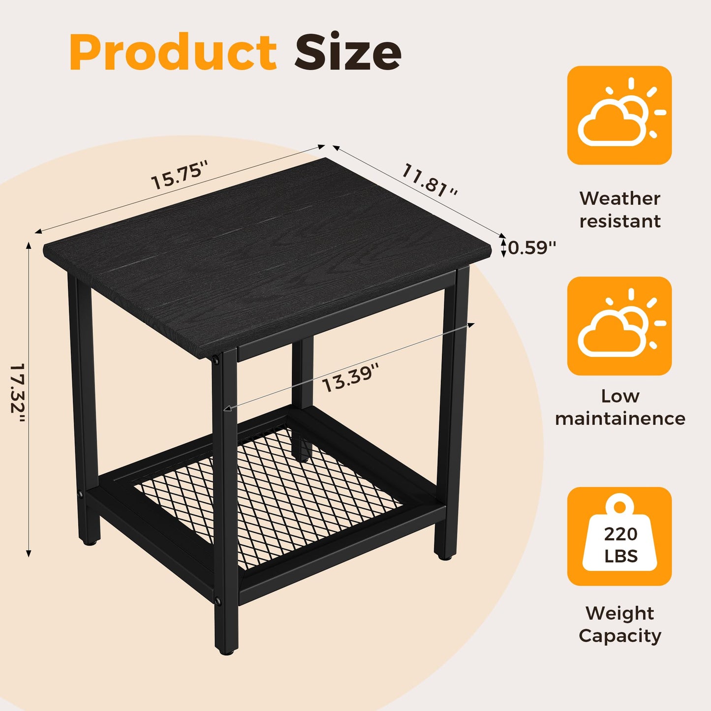 PyraLine 2-Tier Outdoor Side Table with Storage, Weather Resistant Patio End Table, HDPS Small Accent Table for Deck, Garden, Pool, Backyard, Black