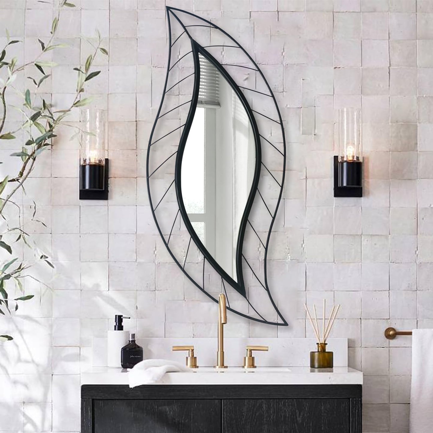 ironsmithn Decorative Wall Mirror, Leaf Teardrop Mirror with Metal Frame, 45" x 18.5" Black Wall Mounted Mirror for Bathroom Vanity Living Room Bedroom Fireplace