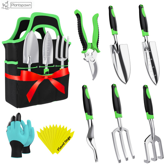 8 PCS Gardening Tools Set with Bag | Heavy-Duty Rust-Proof Hand Tools, Plastic Handles, 15 Plant Tags Included | Garden Tools, Gardening Essentials, Garden Supplies Gift for Men, Women & Gardeners