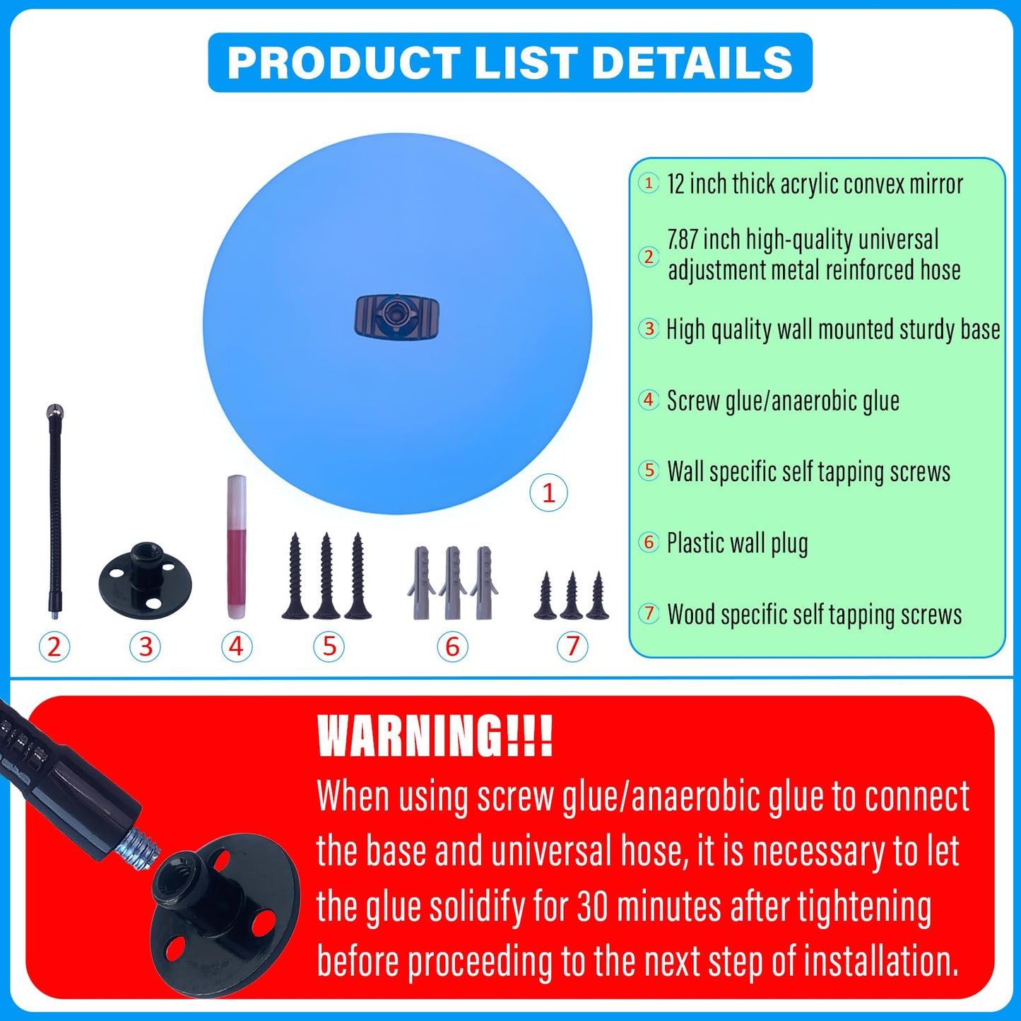 12" HD Frameless Acrylic Convex Mirror - 180 ° adjustable wide-angle field of view-Angle View for Indoor/Outdoor Security, Eliminating Blind Spots in Garages, Warehouses, Office,Driveways & Stores