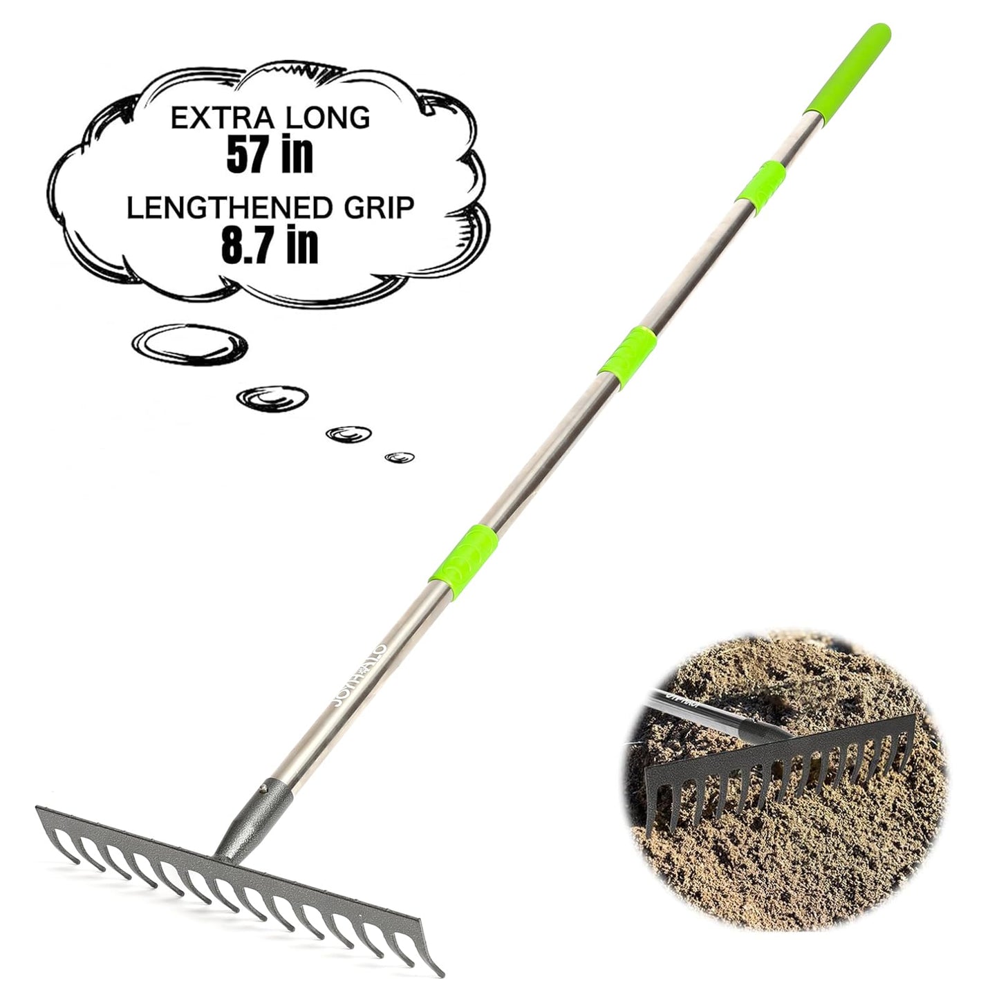 Joyhalo Rake for Leaves, 14 Tines Rakes for Gardening, Adjustable Length from 30.5 to 57 Inch Bow Rake, Metal Rakes for Gardening, Leveling, Loosening Soil