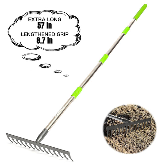 Joyhalo Rake for Leaves, 14 Tines Rakes for Gardening, Adjustable Length from 30.5 to 57 Inch Bow Rake, Metal Rakes for Gardening, Leveling, Loosening Soil