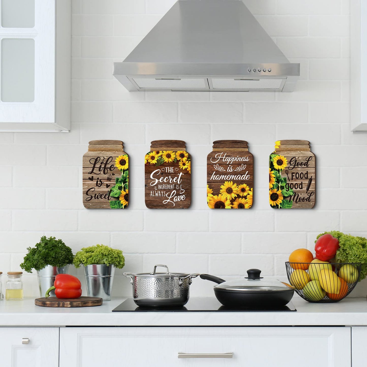 4 Pcs Kitchen Wall Decor Mason Jar Set Wooden Rustic Home Decor Inspirational Kitchen Hanging Farmhouse Wall Signs for Home decoration(Sunflower)