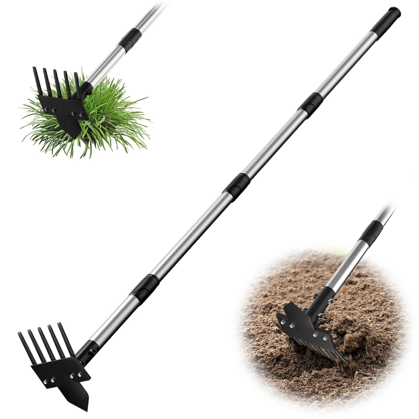 Ukiupop 2-in-1 Heavy-Duty Weed Puller Tool with 5-Tine Rake – 30" to 60" Adjustable Handle, Hoes for Gardening, Hoe Garden Tools for Loosening Soil, Planting, Weeding