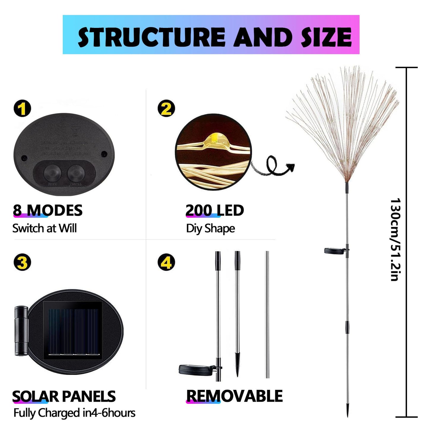 colcutee 2 Pack Solar Firework Lights Outdoor, Adjustable 32" to 51" Extra Tall, 200 LED Stainless Steel 3-Section Pole, 8 Modes Waterproof Starburst Garden Lights for Yard Pathway Walkway Decor