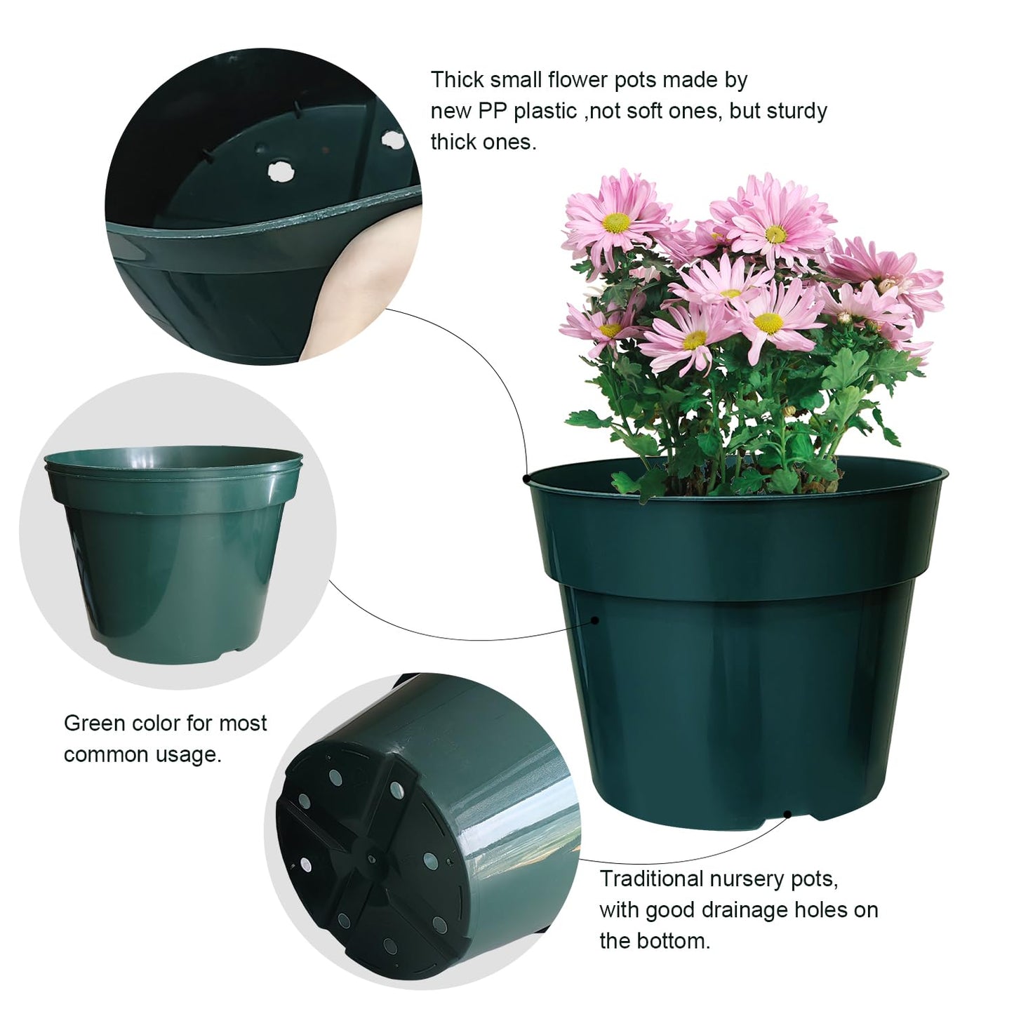 RooTrimmer 50 Pack 6 Inch Nursery Pots, Planting Grow Plastic Flower Pots, Thick Planters with Drainage Holes for Outdoor/Indoor Plants Succulent Herb (Green)