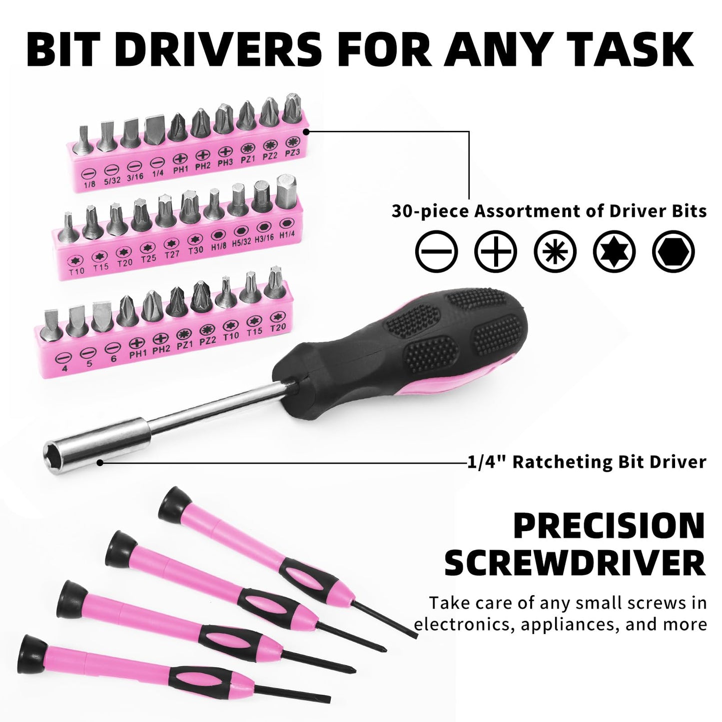 GETFOO 58-Piece Pink Home Tool Set | Basic Household Hand Kit for Women Girls Ladies | All Purpose Small Tool Kit with Storage Toolbox for Home Repair DIY