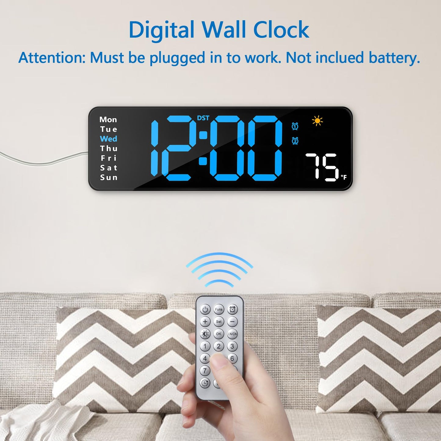 Digital Wall Clock with Remote Control, Large Display Plug in LED Digital Alarm Clocks with 12/24Hr, Date, Week, DST, Timing, Countdown, Temperature for Living Room, Bedroom, Office Wall Decor (Blue)