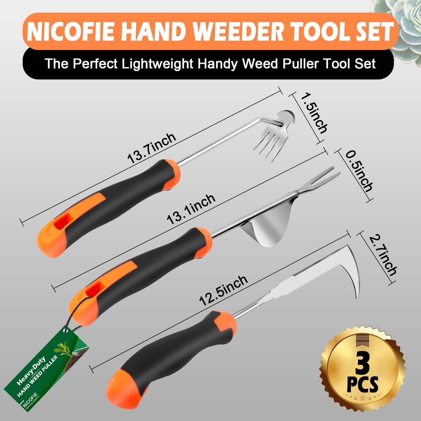 Nicofie 2026 Hand Weeder Tool, Rubber Handle Manual Weeder Puller Tool, Uprooting Weeding Tools, Crack Weeder Crevice, 4 Teeth Weeding Tool, Weeding Artifact Tool for Gardening(3 Pcs)