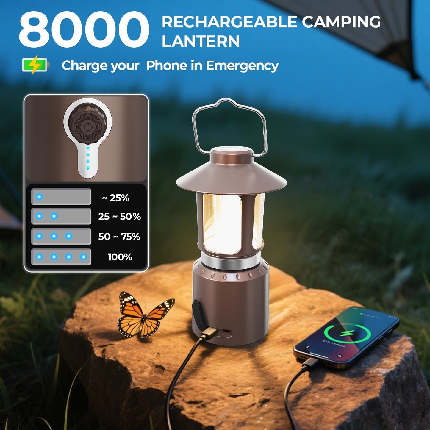 LED Camping Lantern, 8000mAh Telescopic Vintage Rechargeable Lantern, Dual Light Source & 3 Light Modes (2000K-6500K), 360° Lighting Emergency Lights for Camping, Home Power Outage, Hurricane, Hiking