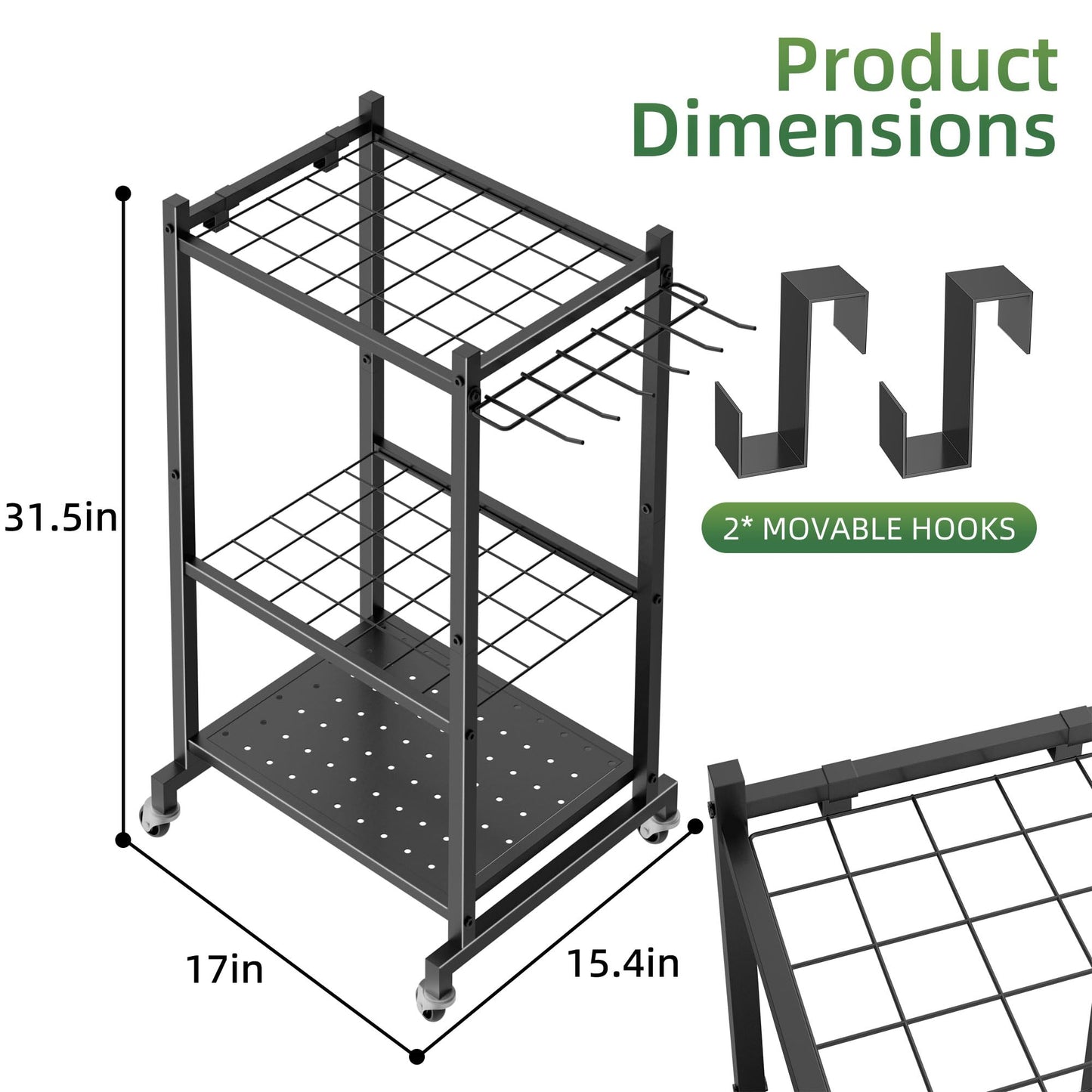LAKEMID Garden Tool Organizer Stand with Wheels,Yard Tool Organizer for Garage with 2 Hooks, Rack Up to 42 Tools,Broom Holder & Garden Tool Rack for Shed, Patio, Outdoor Use
