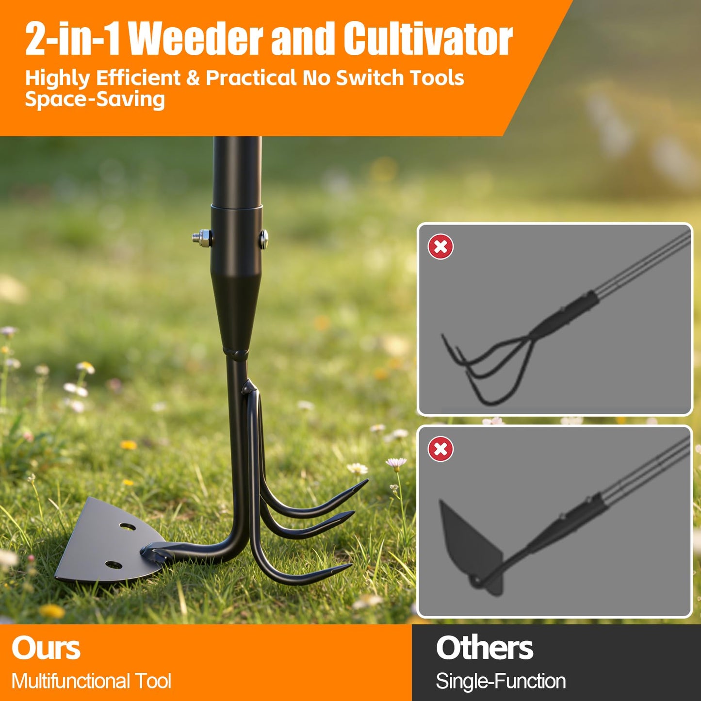 EUIJOIP 52" Heavy Duty 2-in-1 Hoe & Tiller Rake Garden Tool, 3-Tine Cultivator for Weeding and Soil Loosening, Long Handle Stand Up Digging Tool for Gardening and Planting