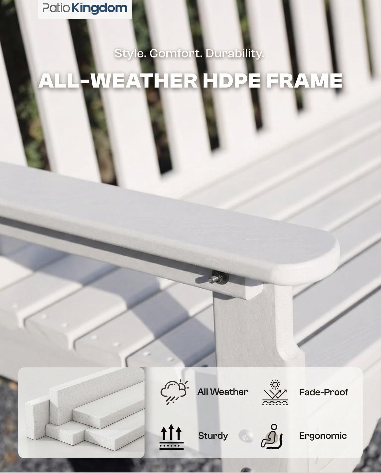 Patio Kingdom HDPE Garden Bench, All Weather 2-Person Outdoor Benches, Rust Free & Fade Resistant Patio Benches for Garden, Porch, Backyard, Deck, Lawn, Balcony, Poolside (White, 1 Beach)