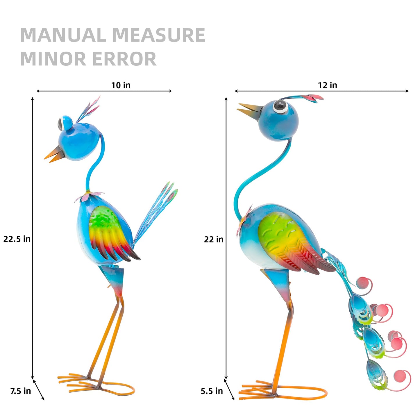 Ultym 22.5" Metal Peacock Garden Statues Set of 2, Whimsical Hand-Painted Cartoon Birds, Blue & Rainbow Yard Art for Patio Lawn, Indoor Shelf Decor, Unique Gift for Women