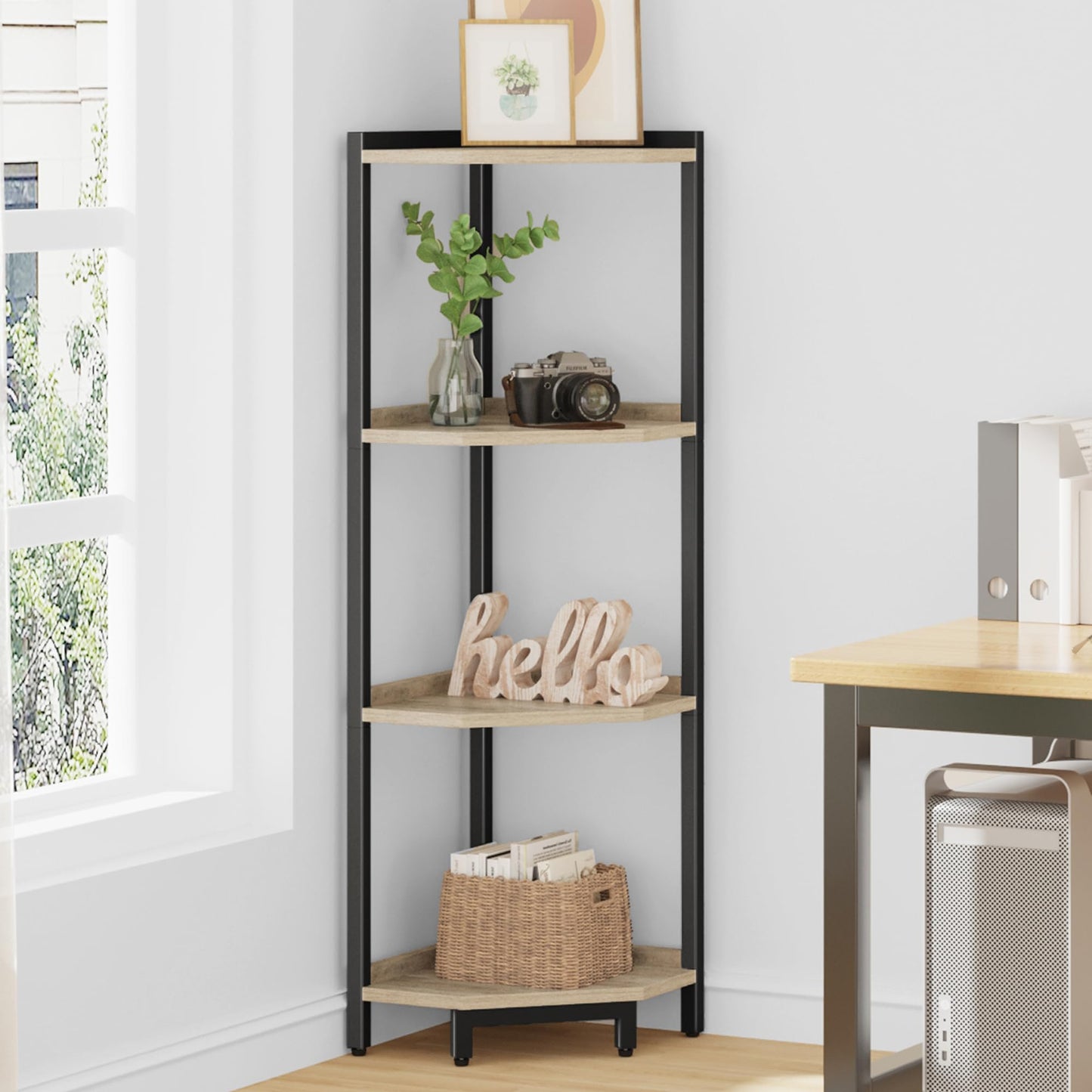 Hzuaneri Corner Shelf Stand, Corner Bookshelf, Storage Standing Shelf Unit with Metal Frame, Plant Stand, Bookcase for Living Room, Home Office, Bedroom, 4-Tier Greige CS05805B