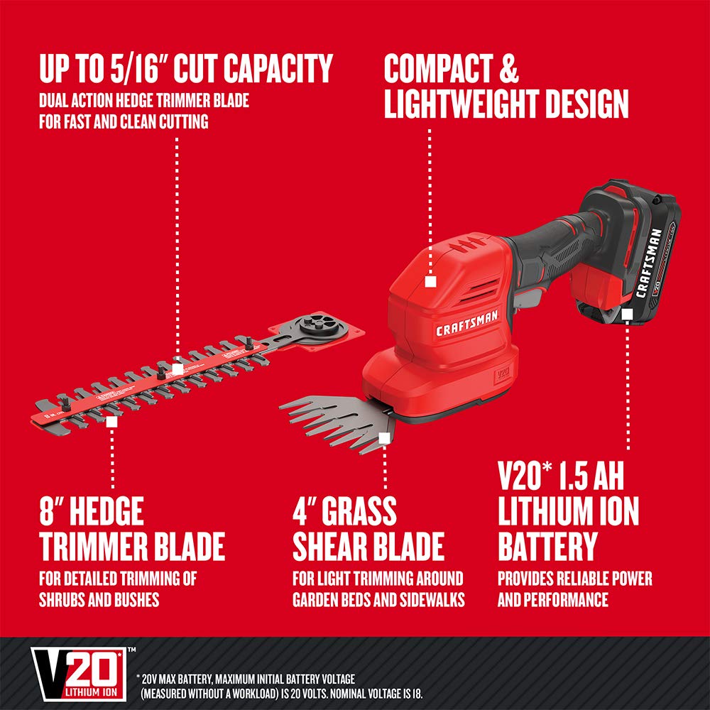 CRAFTSMAN V20 4 In. Cordless Handheld Grass Trimmer and 8 In. Mini Hedge Trimmer, Battery and Charger Included, Rechargeable 2 in 1 Grass Shear and Bush Trimmer (CMCSS800C1)