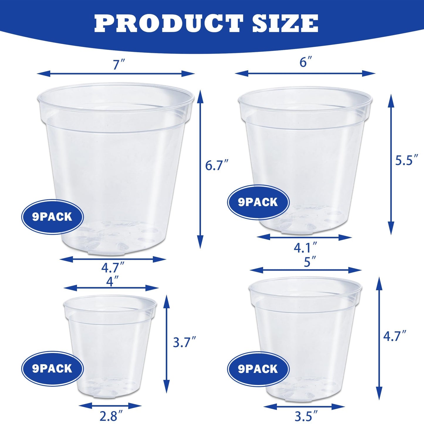 Hourleey 36 Pack 4/5/6/7 Inch Clear Nursery Pots for Plants, Plant Pots with Drainage Holes, Transparent Seedling Pots for Seed Starters Planter Flower