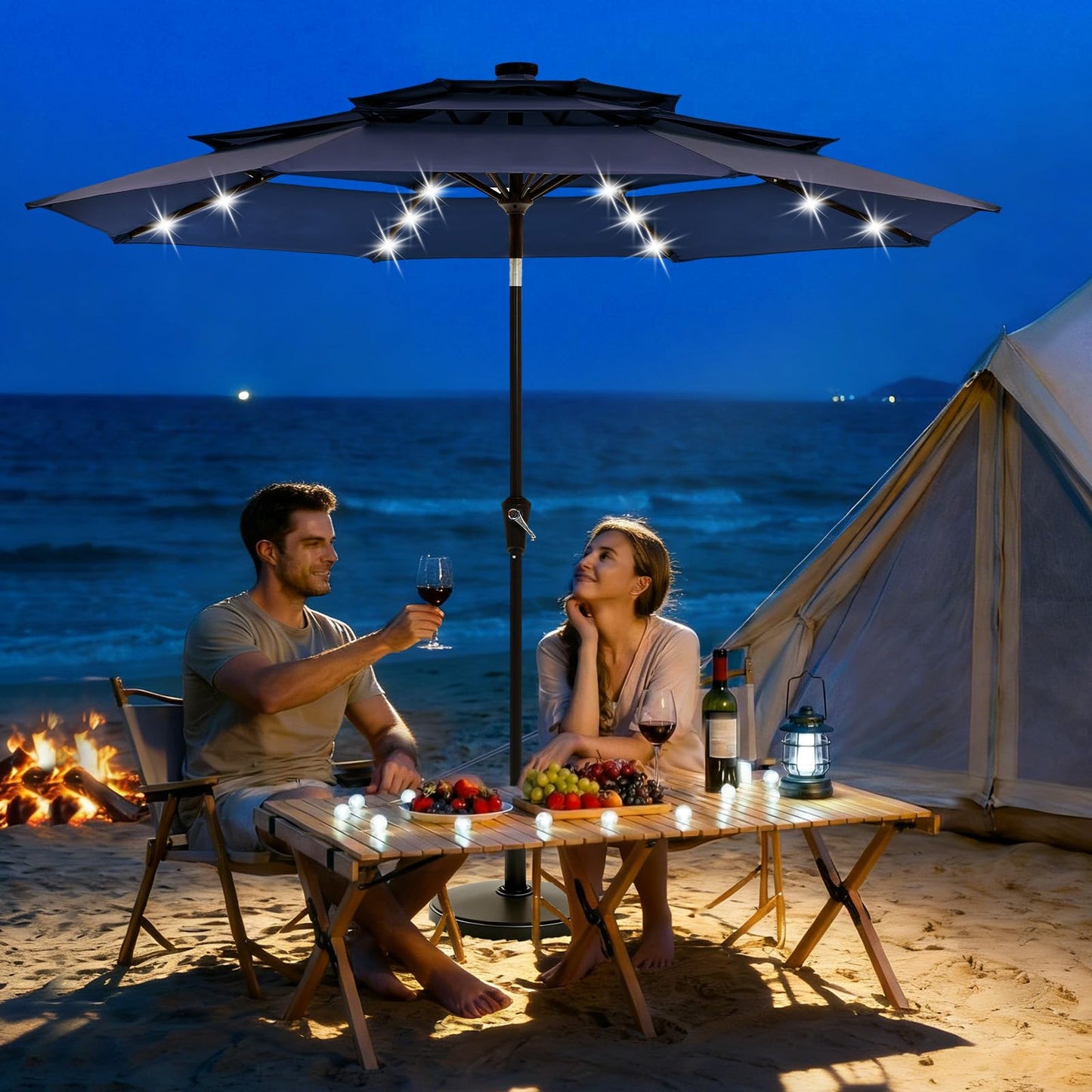 Garvee 10ft Patio Umbrella with Solar Lights, 3-Tier Patio Table Umbrella Outdoor with LED Lights, Ventilation, Easy Crank & Tilt, 8 Sturdy Ribs, UV Protection, Large Patio Umbrella for Deck, Pool
