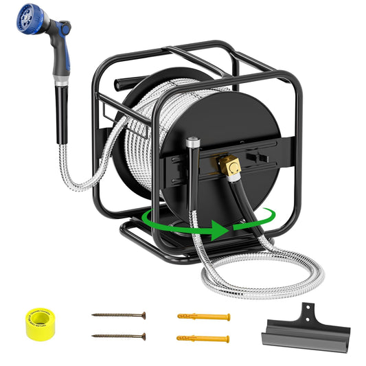 SPECILITE Upgraded Metal Garden Hose Reel With 100 Ft 304 Stainless Steel Water Pipe, Heavy Duty Anti-UV Wall Mount/Freestanding Spool with Nozzle, 3/4'' Brass Fittings, 360° Rotation Frame for Yard