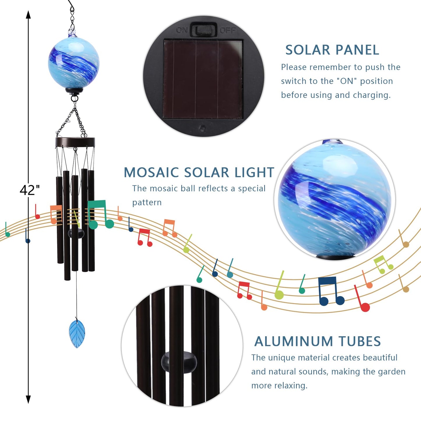 Taman Solar Wind Chime - 35" Glass Solar Lights Wind Chimes Valentine's Day Gift for Outside Deep Tone Decorative Memorial Gift for Home, Outdoor, Yard, Patio, Balcony, Garden Decor