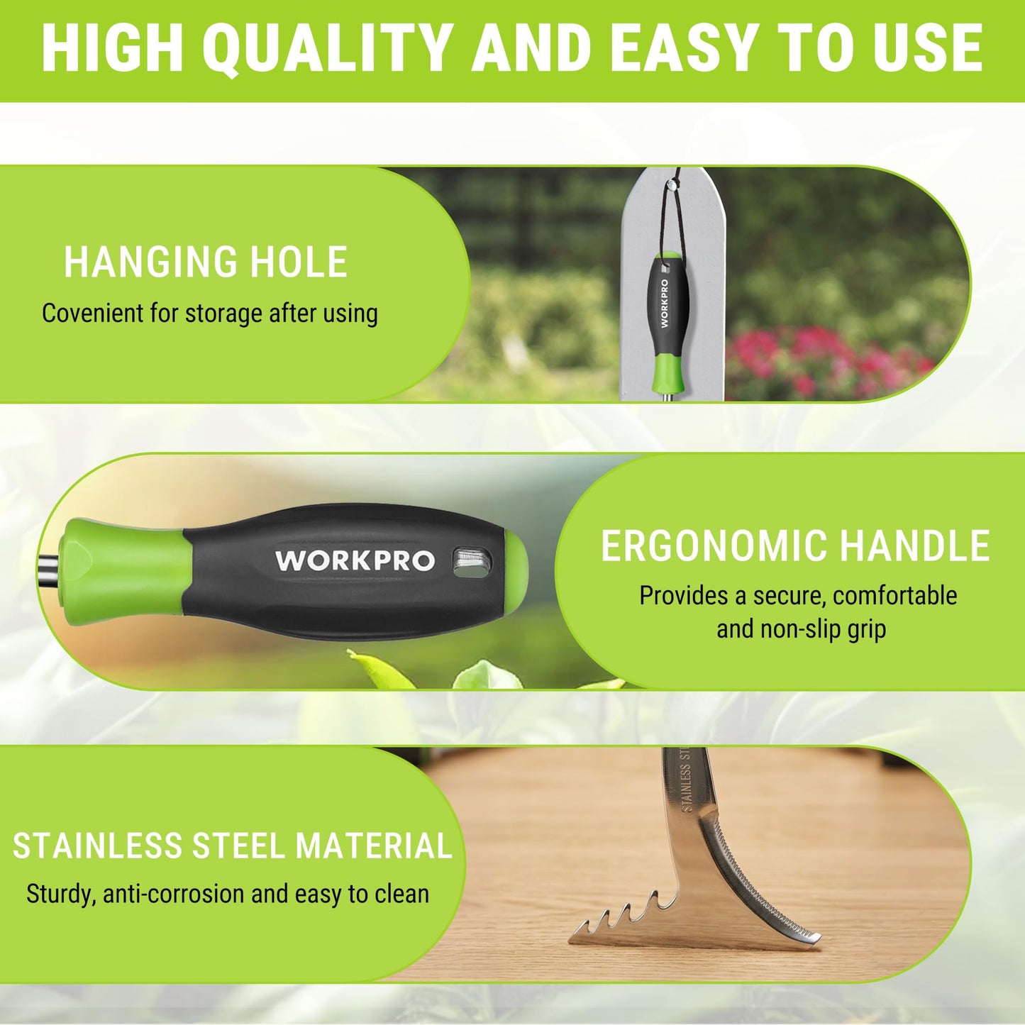 WORKPRO 3-Piece Weed Puller Tool Set – 15" 6-Tine Weed Remover, 12" Hand Weeder, 12.5" Crack Weeder, Stainless Steel with Ergonomic Handle for Lawn, Garden, Yard