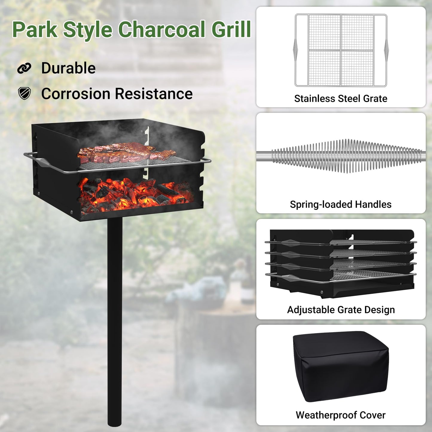 Toriexon Park Grills, 256 Sq. In, Park Style Charcoal Grill, Heavy Duty In Ground Park Grill with Stainless Steel Cooking Grate and Cover for Commercial and Outdoor Cooking 16'' L x 16'' W x 8'' H