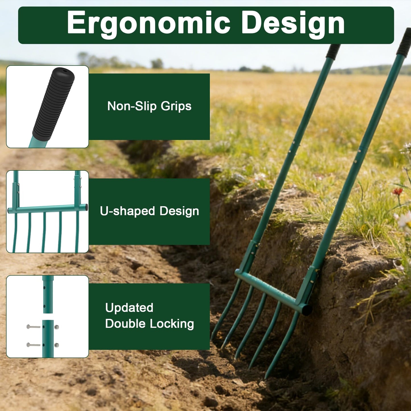 Broad Fork Garden Tool - 5 Tines Heavy Duty Broadfork for Digging, Cultivating & Loosening Soil, Ergonomic U-Shaped Design Hand Tiller for Gardening & Farming
