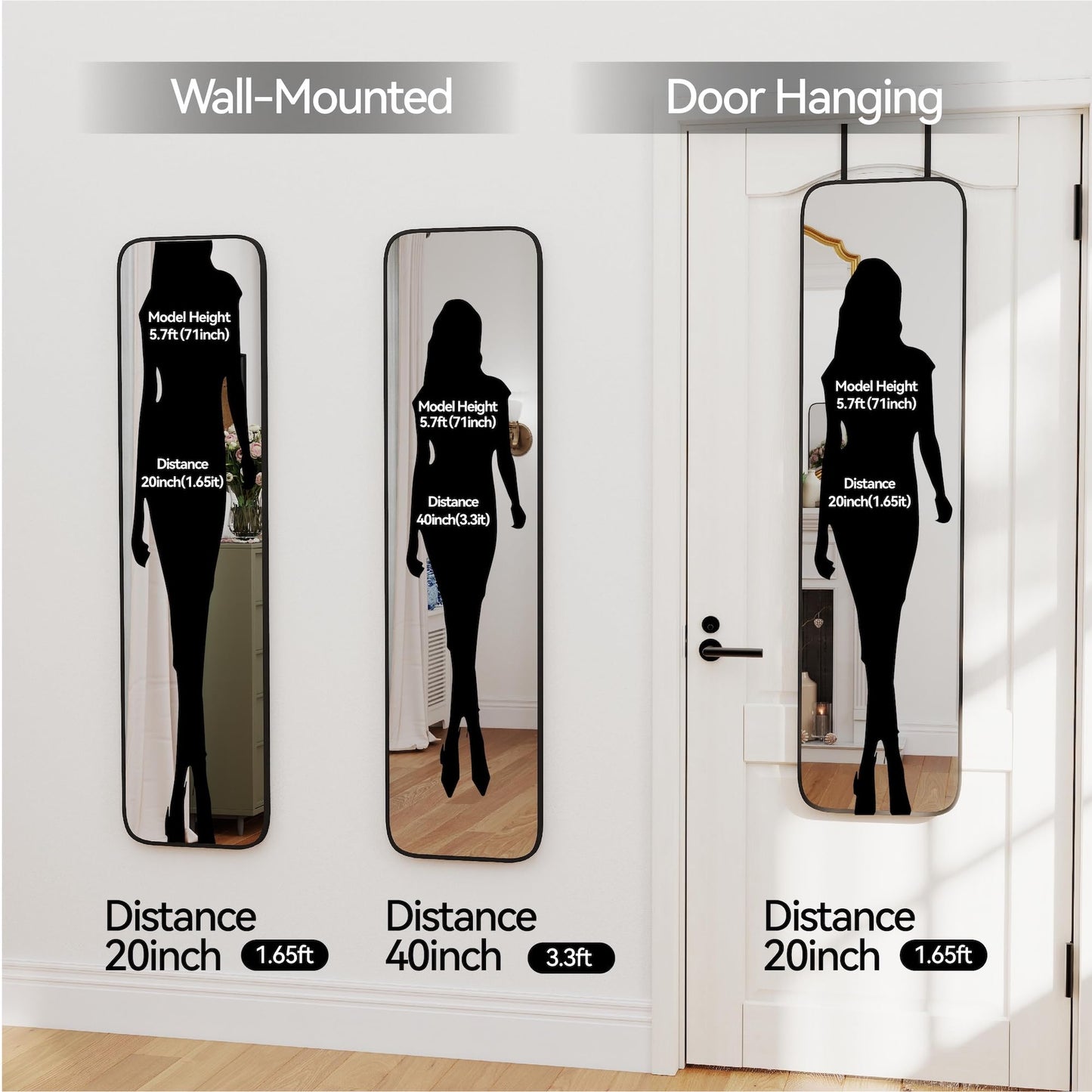 SCWF-GZ 47x14 Mirror Rectangle Full Body Length Door Hanging Wall Mounted Metal Aluminum Alloy Frame Dressing Make-up Mirrors for Entryway Bedroom Bathroom Living Room 47 14 inch Black