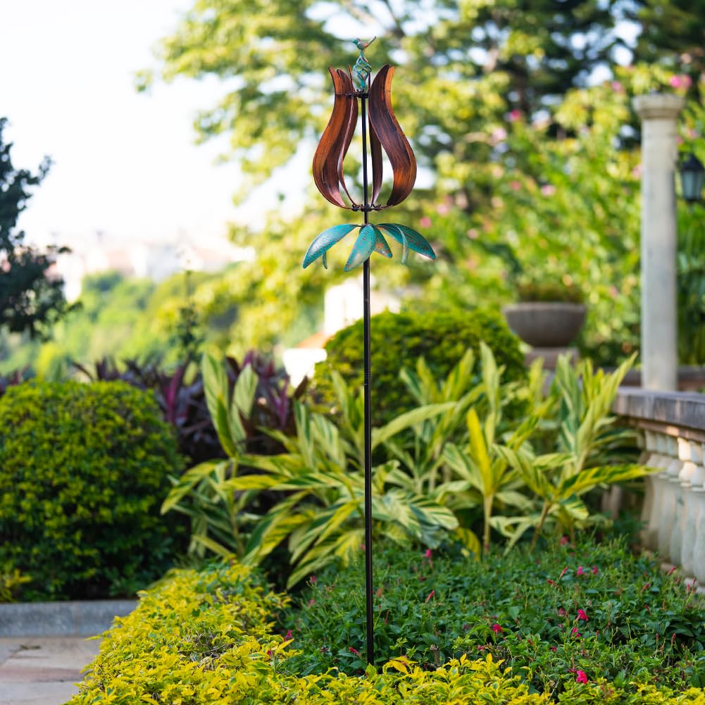 Stargarden Outdoor Wind Spinners, 13.7" Dia Metal Kinetic Wind Sculptures,Metal Yard Art Garden Decor(Brown Green)