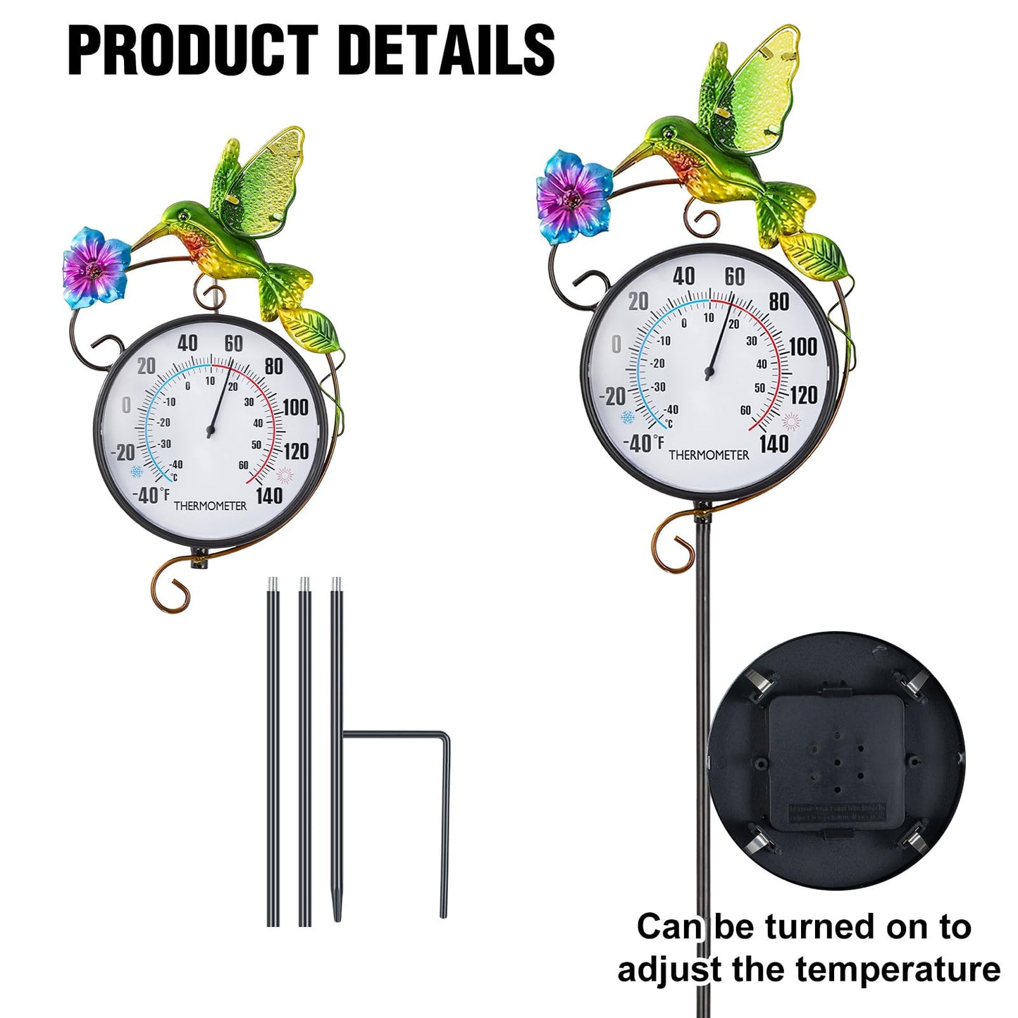 Outdoor Thermometer, Hummingbird Hanging Wall Thermometer & 42" Metal Garden Stake Outside Thermometers Waterproof Decorative for Patio,Lawn,Room,Greenhouse, No Battery Required Garden Gifts