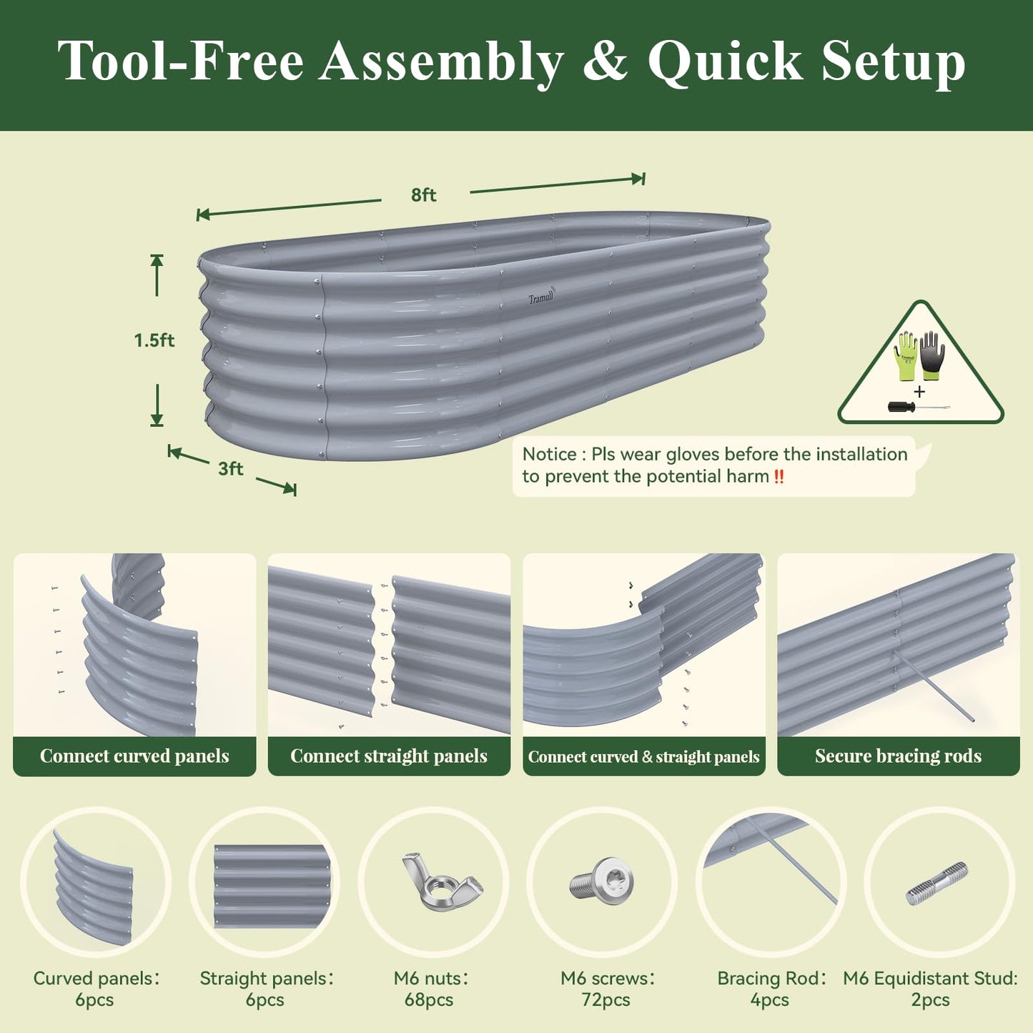 8x3x1.5ft Galvanized Raised Garden Bed, 18" Tall Metal Raised Beds for Gardening, Large Planters Boxes for Outdoor Plants Vegetables, Flowers, Herbs & Tomatoes, Above Ground Garden Beds Kit, Grey