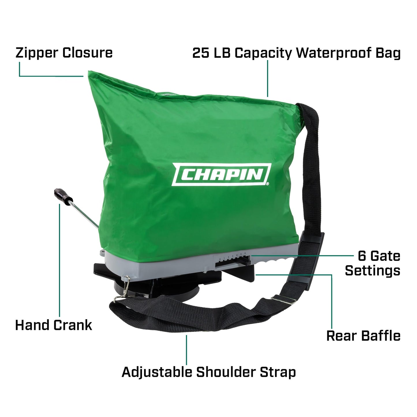 Chapin 84700G Spreader, Lawn and Garden, 25Lbs, Grass Seed, Fertilizers, Granular Material, Handheld, Bag Seeder, Waterproof, 6 Settings, Enclosed Gears, Rear Baffle, Adjustable Gravity Flow
