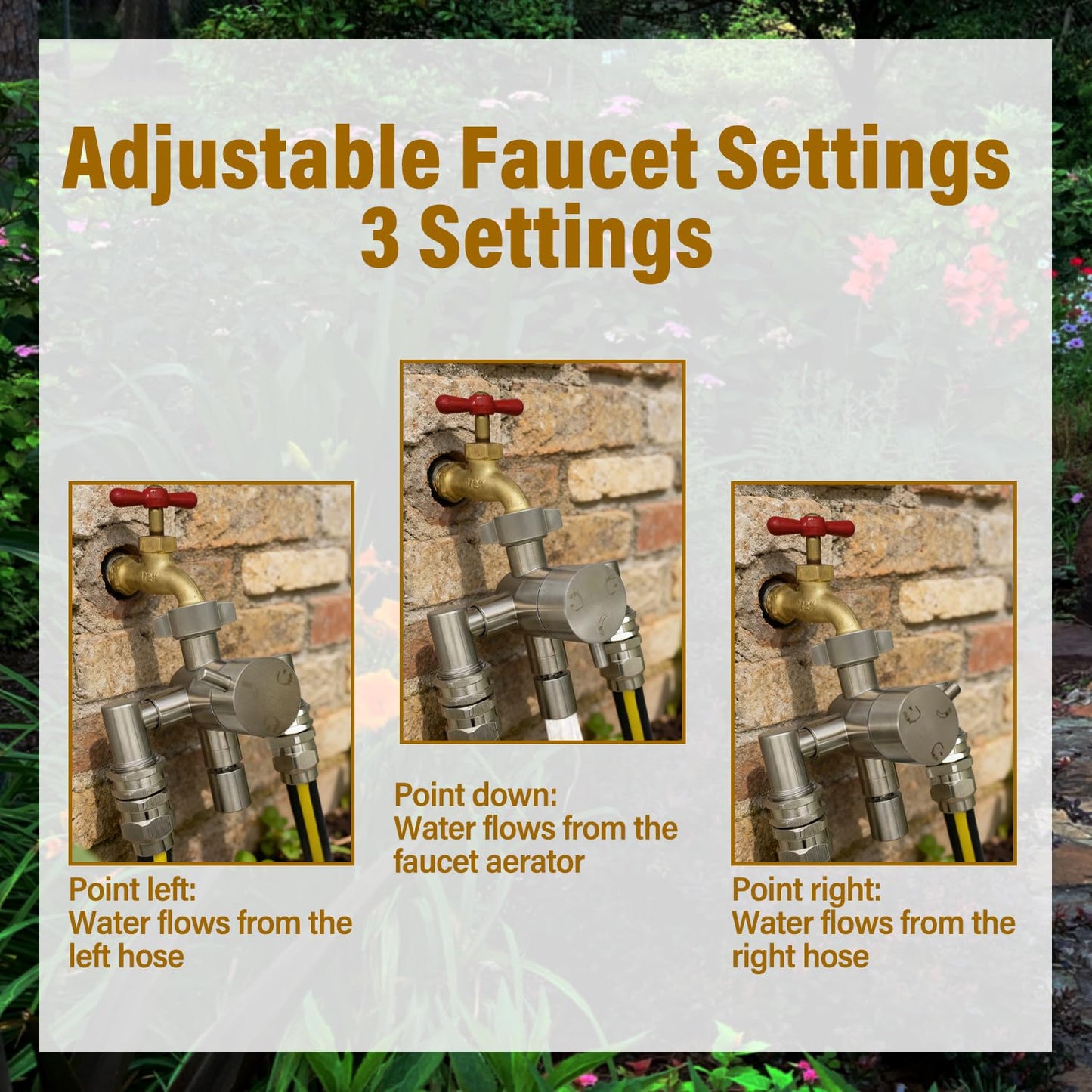 G-Sunny Stainless Steel Multi-Function Outdoor Faucet with Dual Garden Hose Adapter, Heavy Duty Outdoor Water Splitter with Extra Tap for Hand Washing, Bucket Filling (Dual Hose)