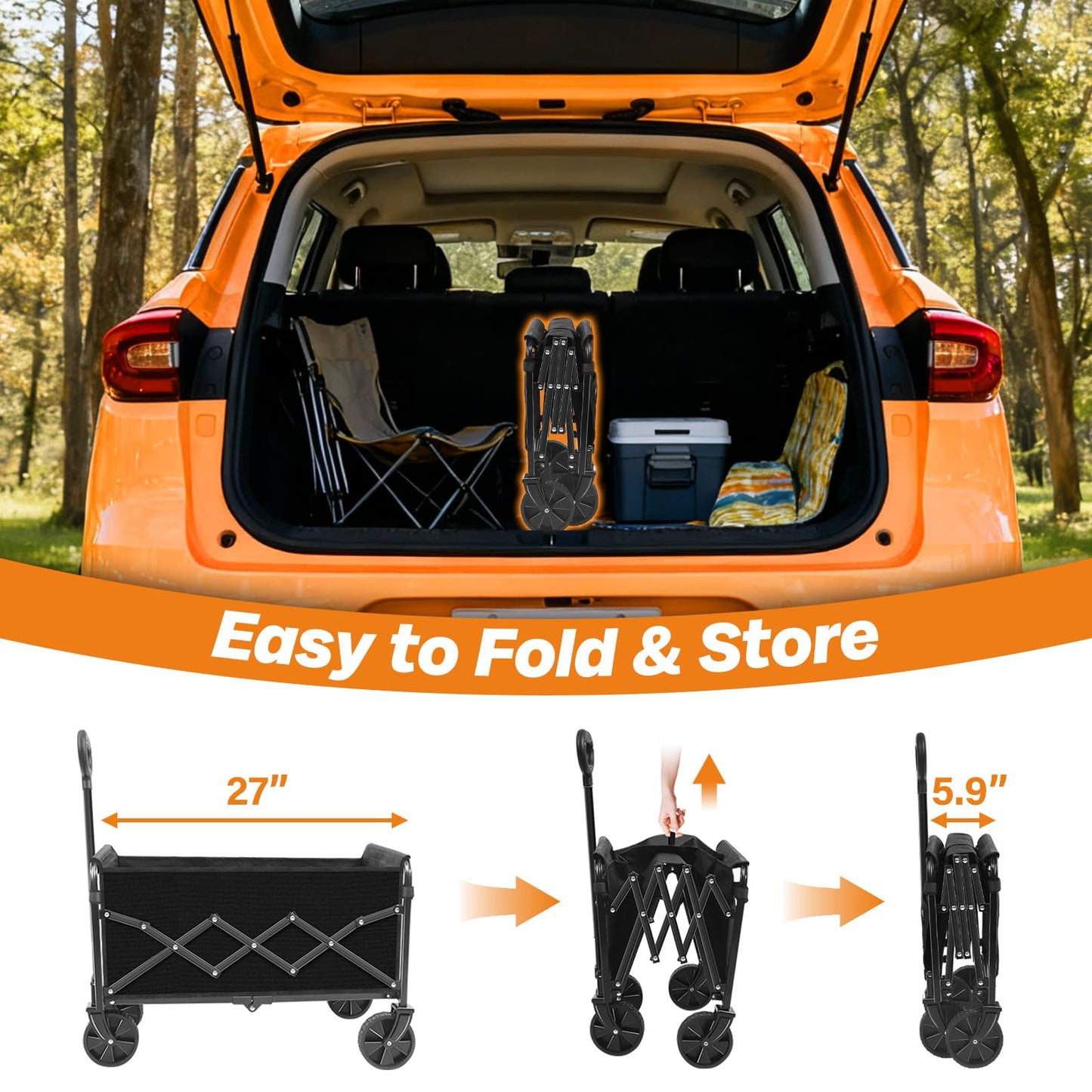 Collapsible Wagon Cart Foldable, 360lbs Portable Folding Wagon with Wheels, Foldable Wagon Carts Utility for Camping, Beach, Grocery, Shopping, Sports, Garden(Classic Black)