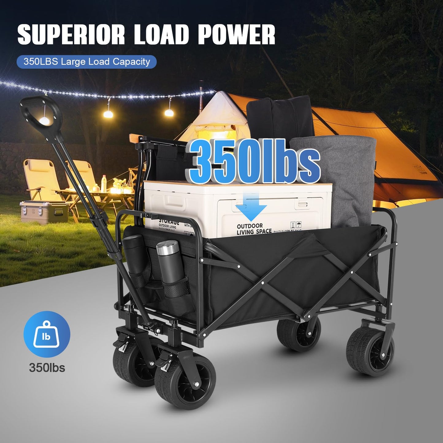 EVLIQUIL Collapsible Foldable Beach Wagon,Folding Wagon Cart with Big Wheels,Utility Grocery All Terrain Wagons carts Foldable with Brakes for Sand Camping Sports Outdoor(Deep Black).