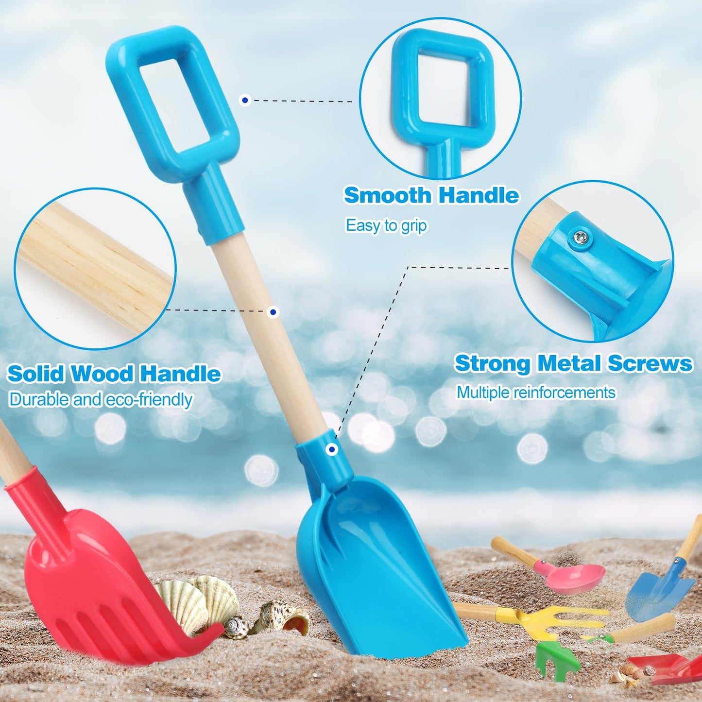 8 Pack Beach Sand Toy 16 Inch Long Beach Shovel Spade Sand Rake with Sturdy Wooden Handle Kid Garden Tools Spoon, Fork, Rake, Spade, Pointed Shovel Kids Gardening Set for Digging Dirt Snowing Planting