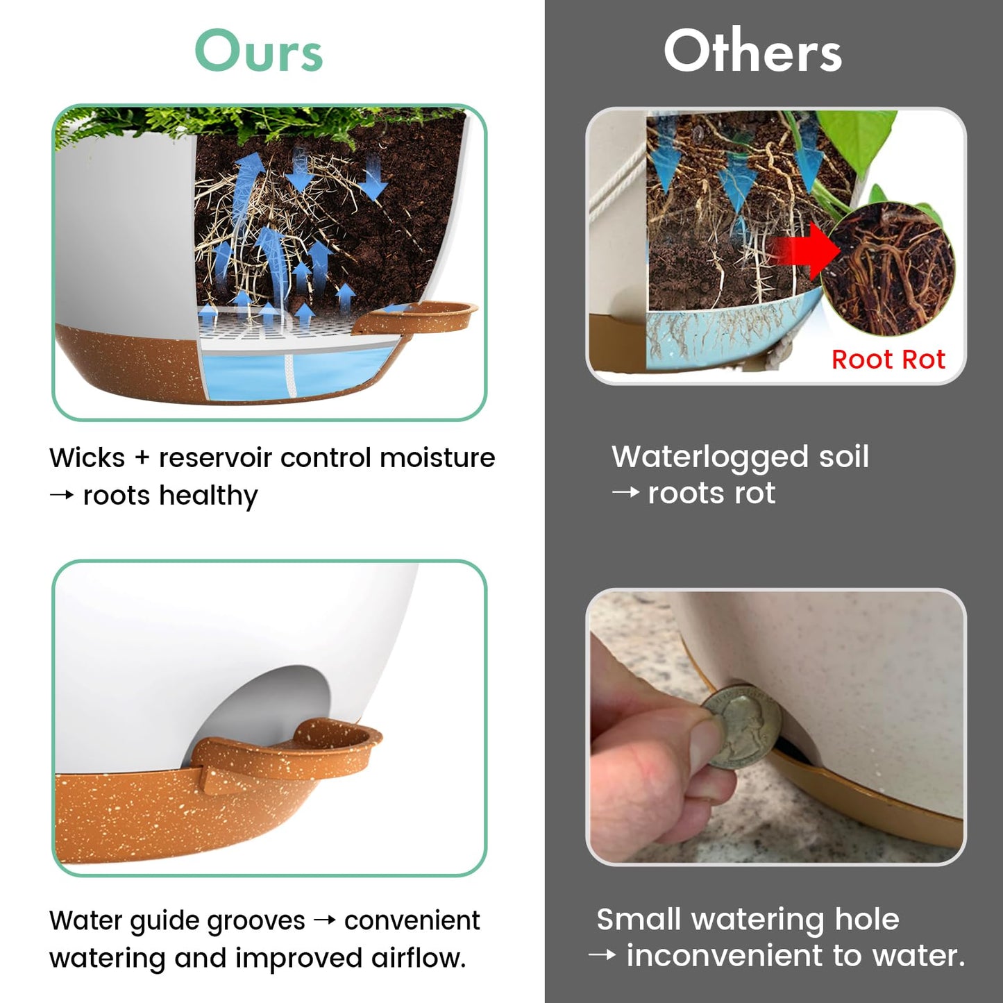 UOUZ 13 Inch 2 Pack Large Self Watering Hanging Planters for Indoor Outdoor Plants, Hanging Plant Pots with Removable 50 Oz Reservoir, Plastic Hanging Basket for Window Porch Garden, White with Brown