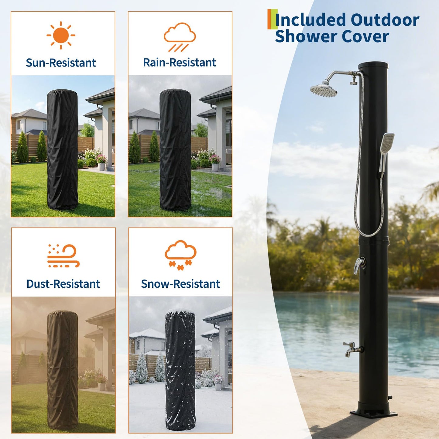 10 Gallon Solar Heated Shower | 2-Section Freestanding Outdoor Shower with Shower Head & Foot Shower Tap | Hot & Cold Water Adjustment | Poolside Beach Garden Spa Shower with Cover